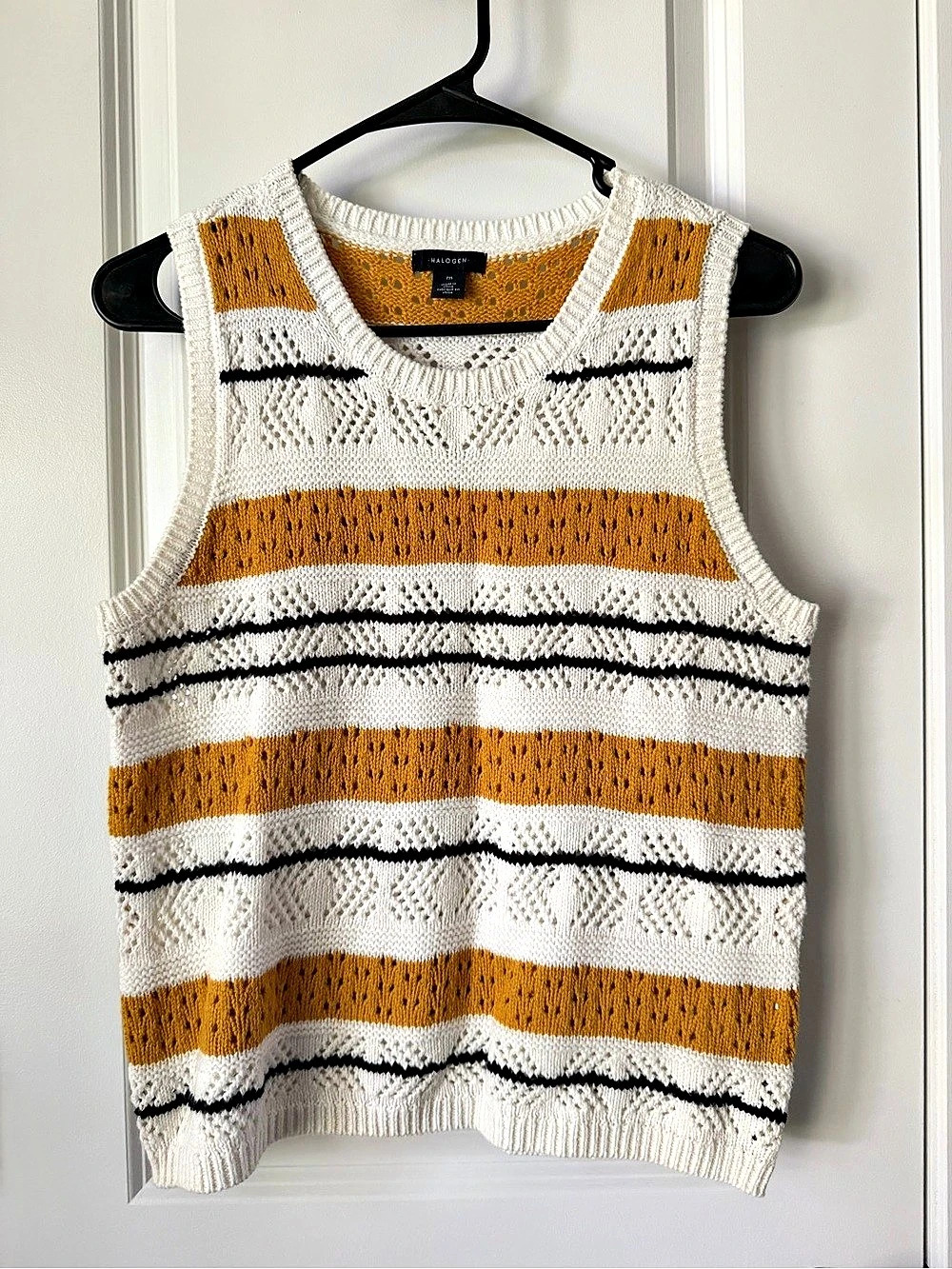 HALOGEN | Crochet Striped Sweater Vest - Cream Mustard Black – Size M - Like New